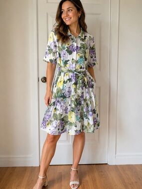 MSRP $149 Calvin Klein White Floral Midi Shirt Dress with Purple & Yellow Blooms